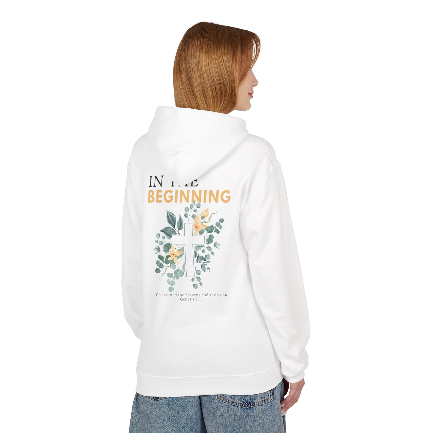 IN THE BEGINNING, Genesis 1:1, Faith-Inspired Floral Hoodie, Unisex Fleece Sweatshirt for Spiritual Comfort